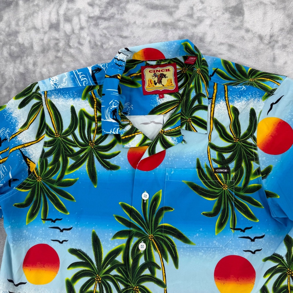 Cinch Classic Cowboy Collection Mens Large Blue Palm Tree Surf Hawaiian Shirt